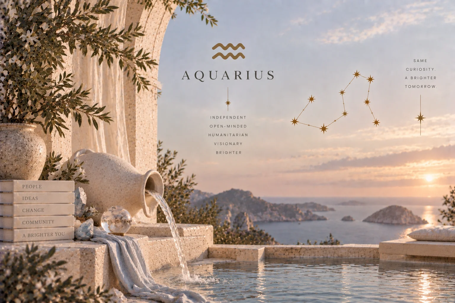 Aquarius, its glyph and constellation, on a terrace above the sea at sunset