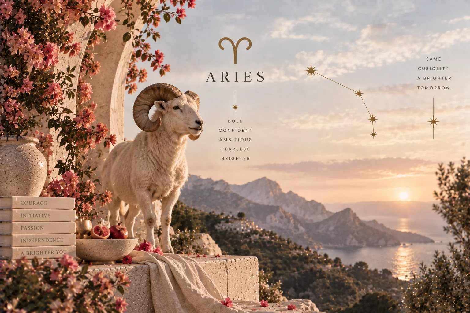 Aries, its glyph and constellation, on a terrace above the sea at sunset