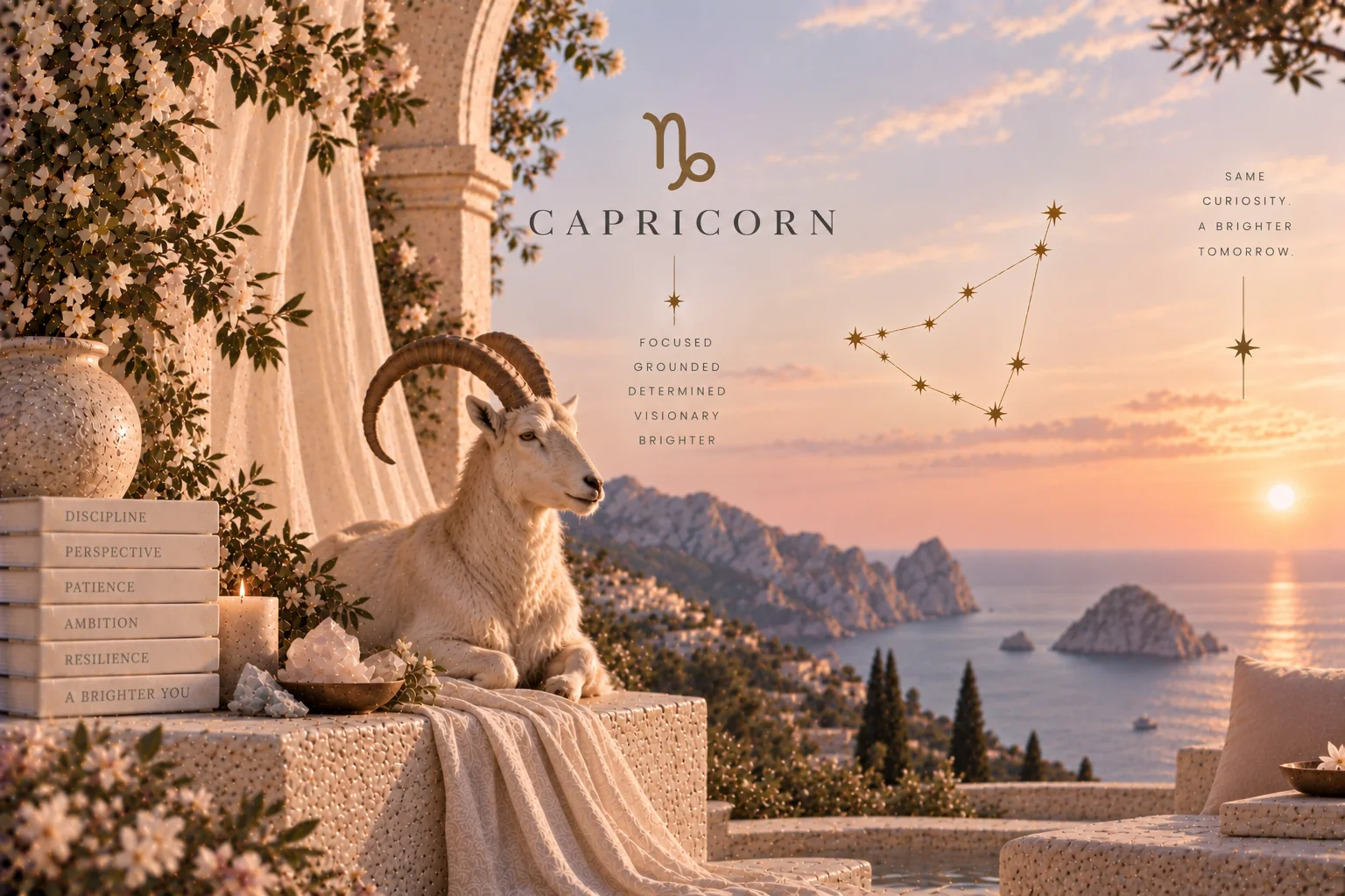 Capricorn, its glyph and constellation, on a terrace above the sea at sunset
