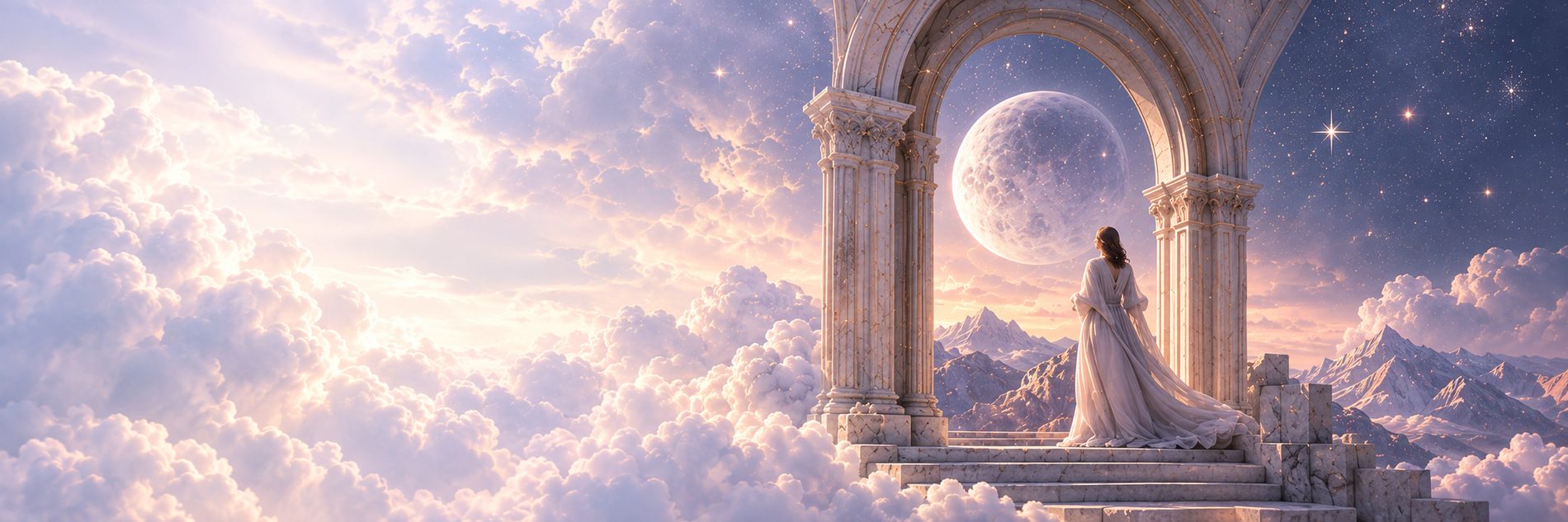 A figure at a marble arch beneath the moon