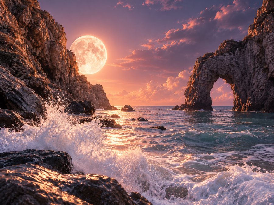 Moonrise over a rocky coast