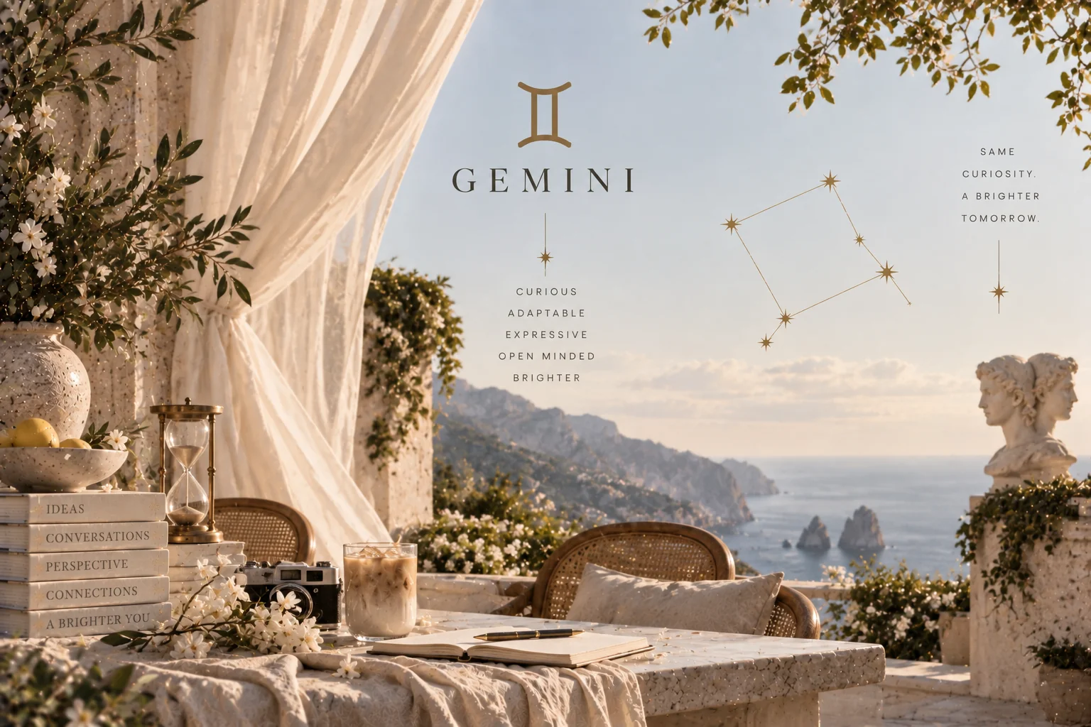 Gemini, its glyph and constellation, on a terrace above the sea at sunset