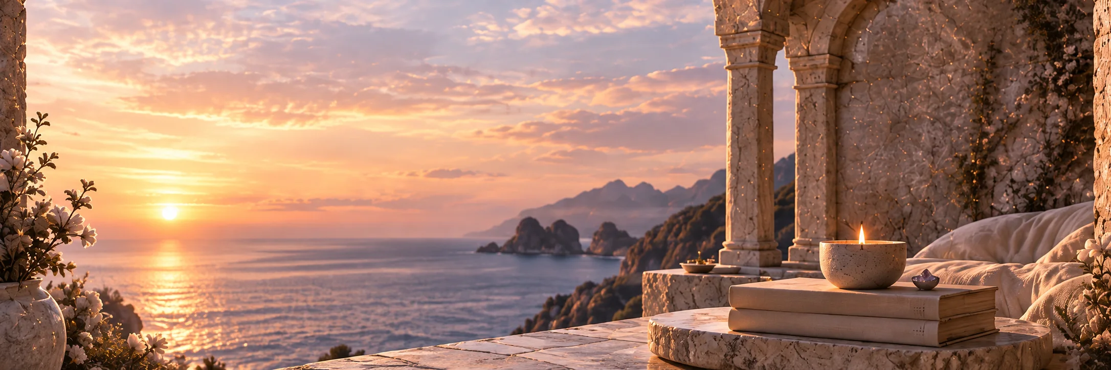 A candle and a stack of books on a stone terrace above the sea at sunset