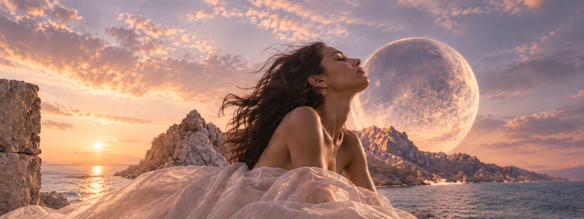 A woman with her face turned up to a pale moon over the sea at sunset