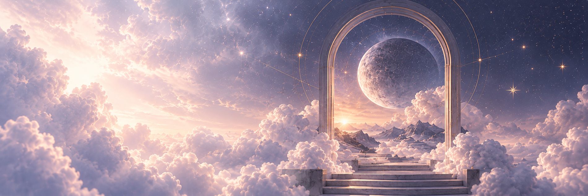 A marble gateway framing the moon above the clouds