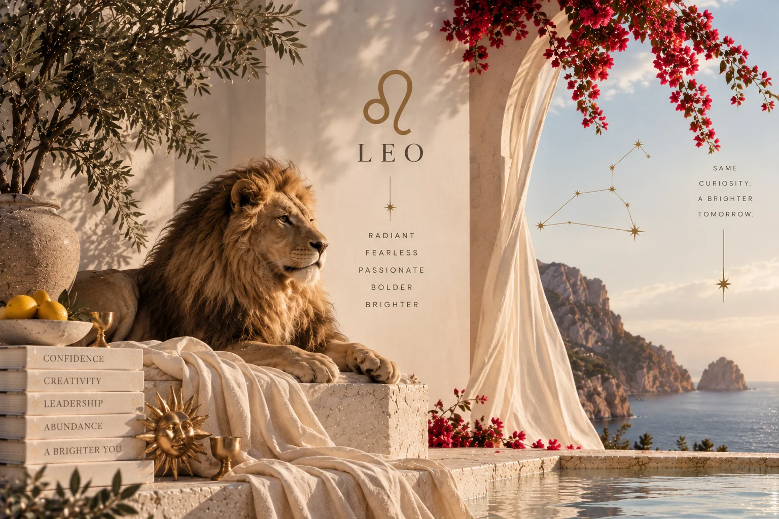 Leo, its glyph and constellation, on a terrace above the sea at sunset