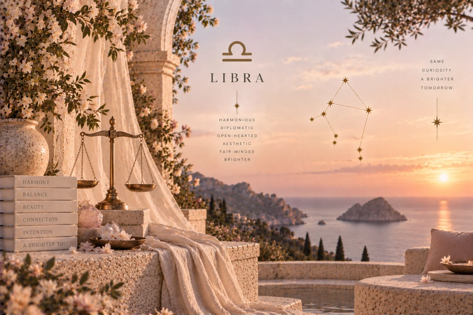 Libra, its glyph and constellation, on a terrace above the sea at sunset