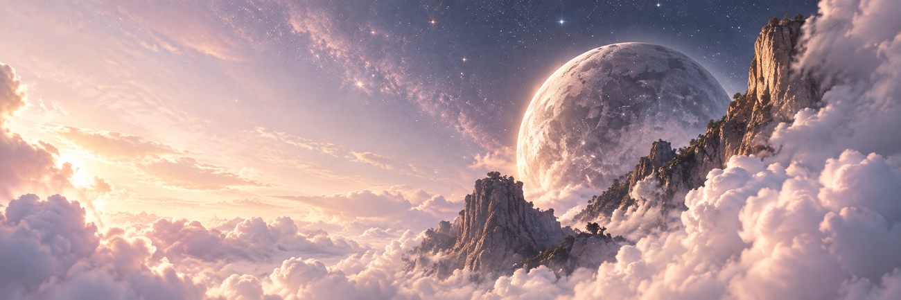 The moon rising behind a rocky peak above the clouds