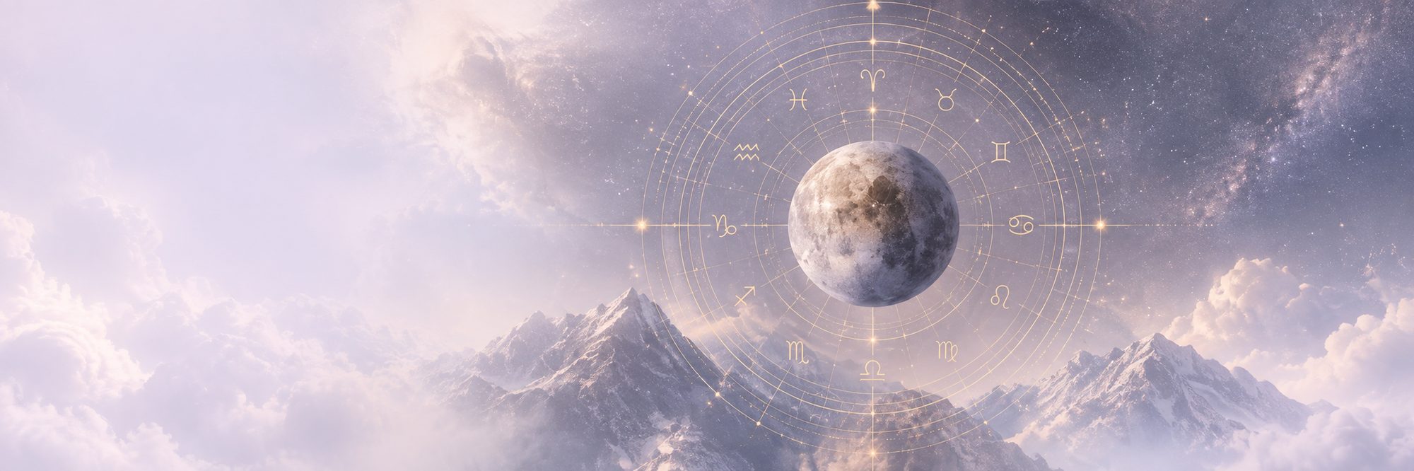 The moon inside a gold zodiac wheel