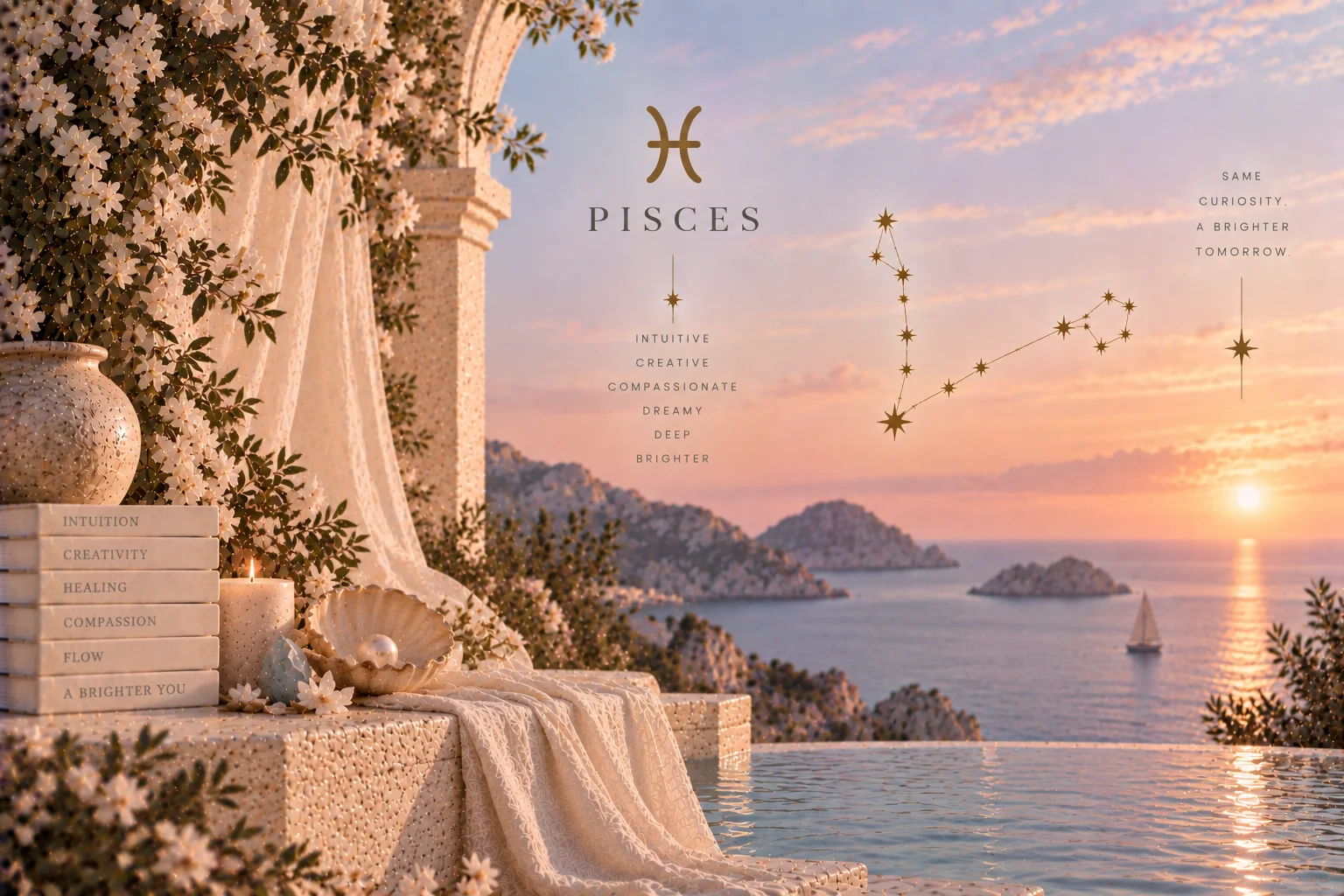 Pisces, its glyph and constellation, on a terrace above the sea at sunset