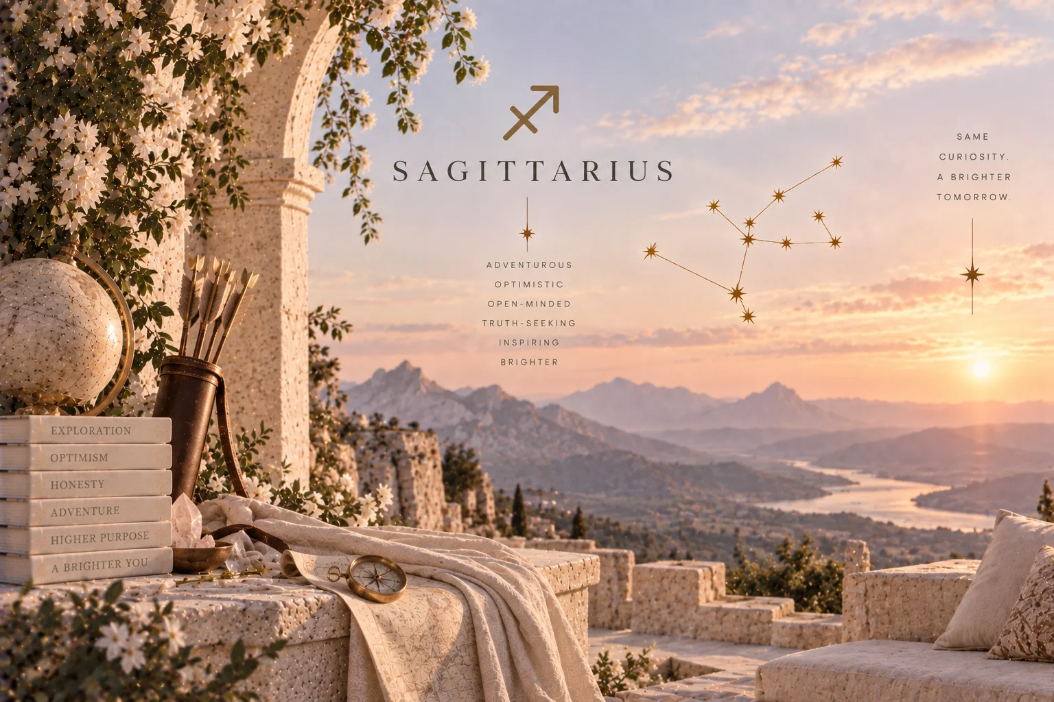 Sagittarius, its glyph and constellation, on a terrace above the sea at sunset
