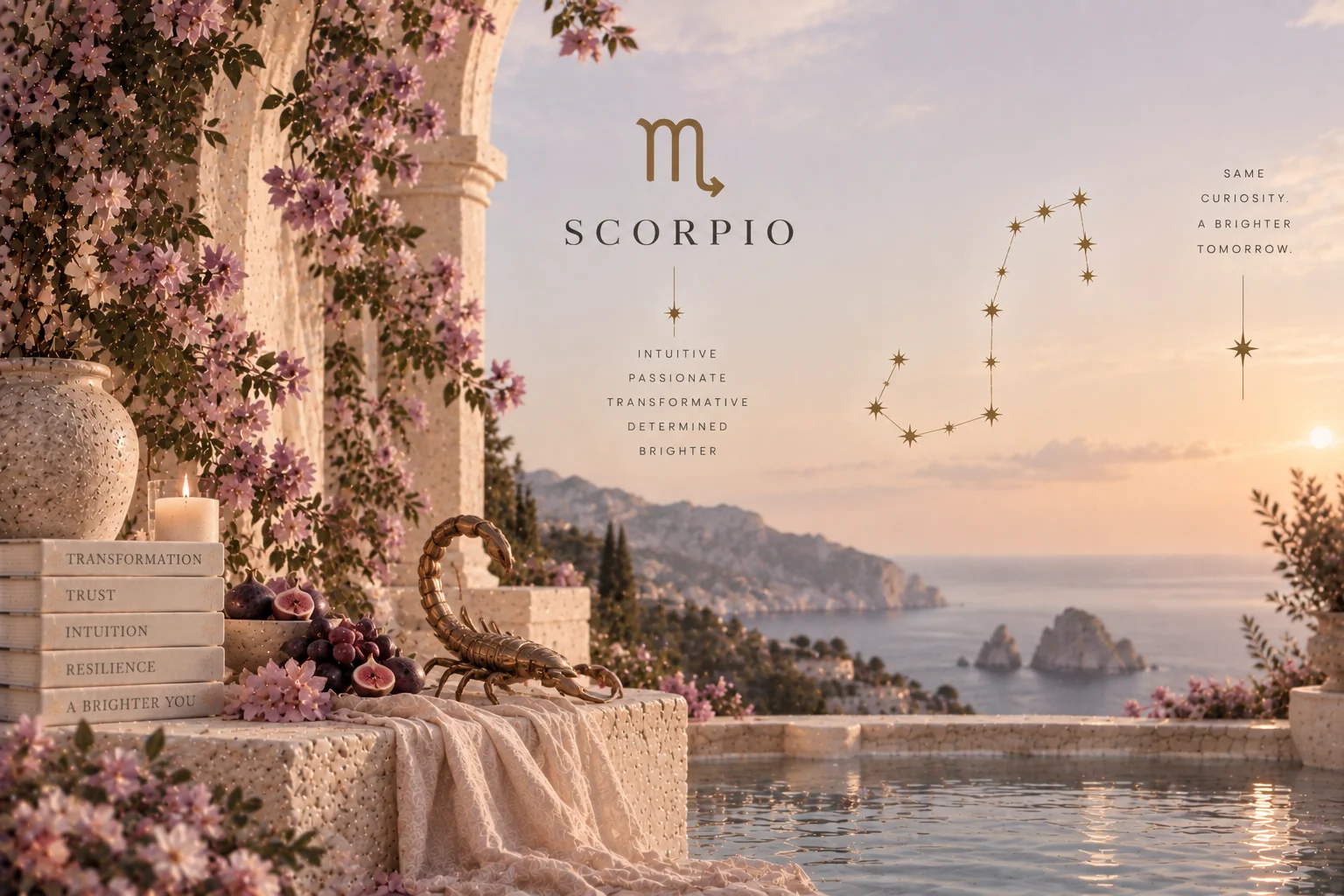 Scorpio, its glyph and constellation, on a terrace above the sea at sunset