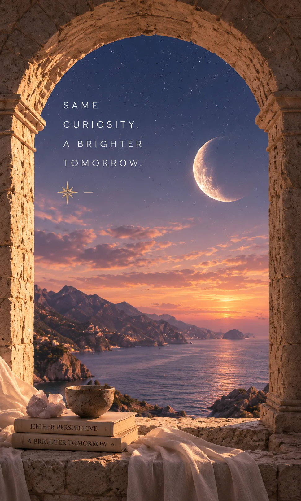 A crescent moon over the sea, seen through a stone arch, with books and a bowl on the sill. Same curiosity, a brighter tomorrow.