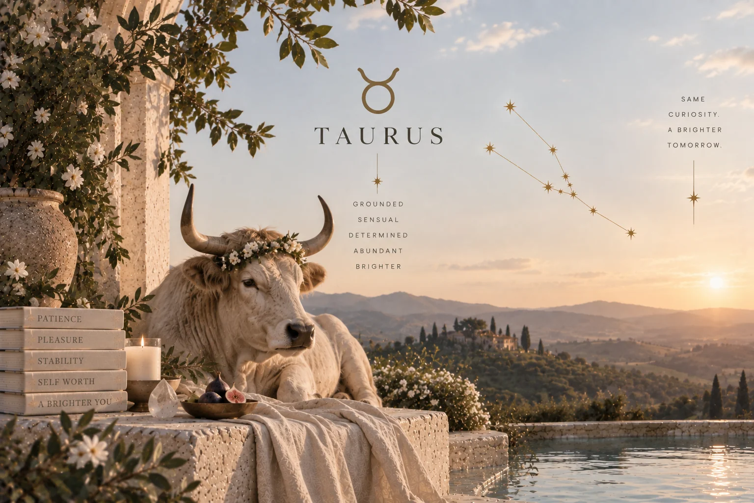 Taurus, its glyph and constellation, on a terrace above the sea at sunset
