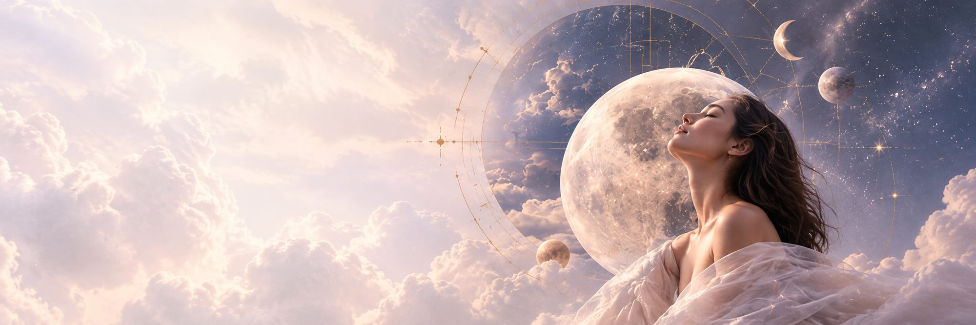 A woman gazing upward beside the moon in a pastel sky